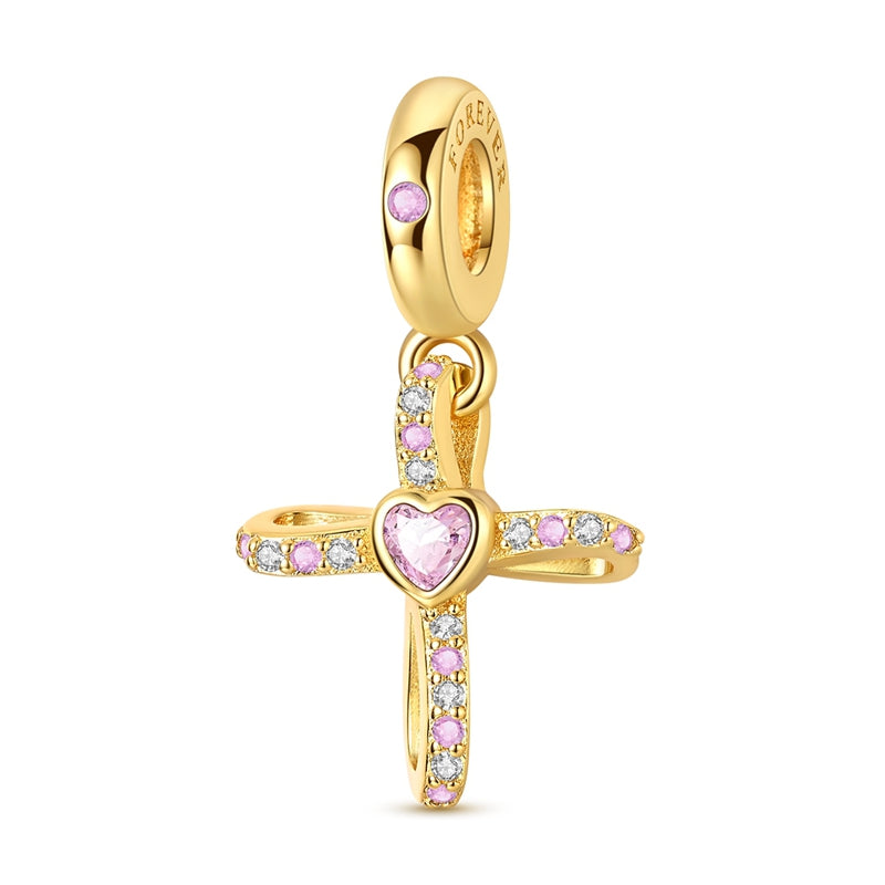 Gold Cross Pink Zirconium Charm